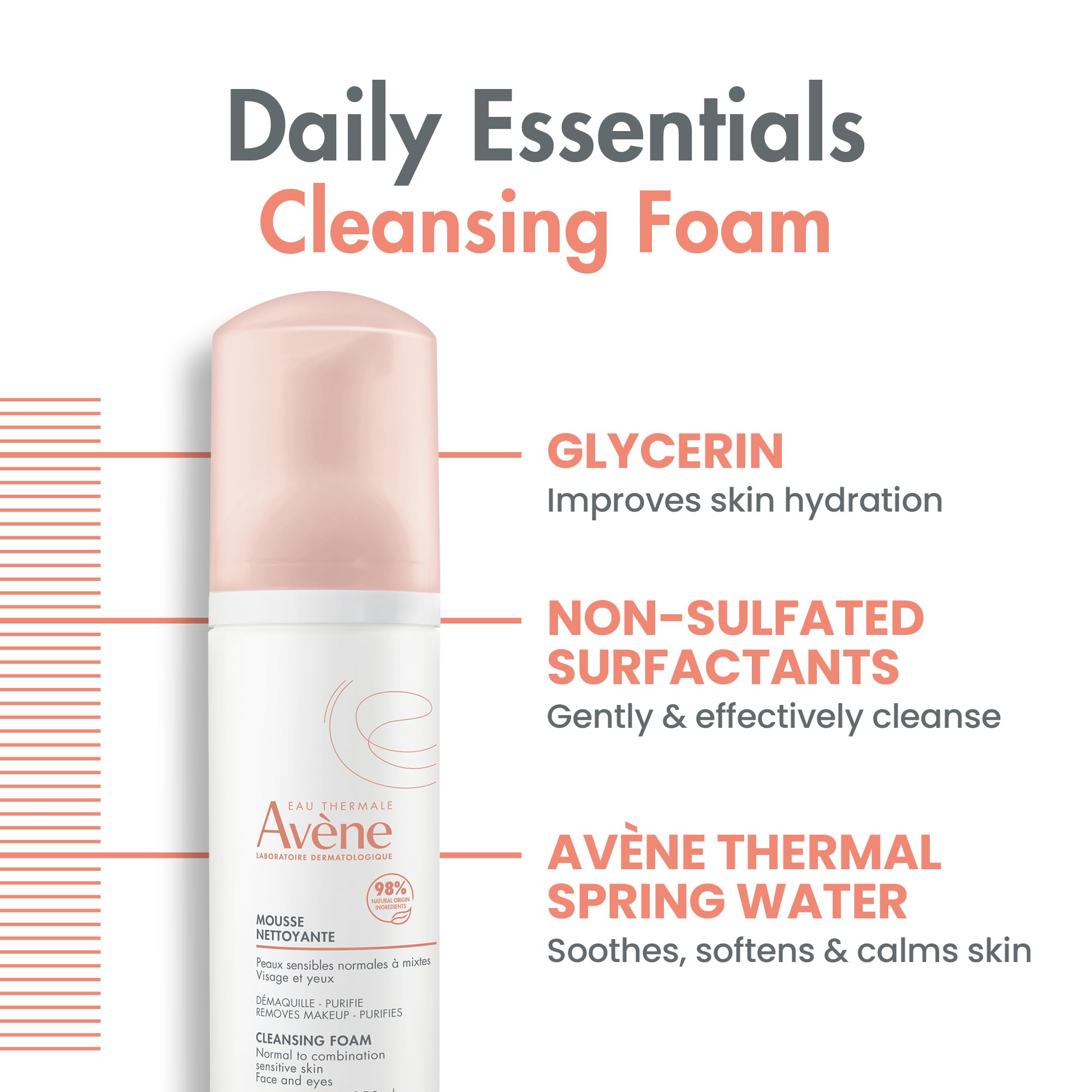 Avène Cleansing Foam - Soap-Free Foaming Face Wash - Normal, Combination, Oily Skin- Sensitive Skin - 5.07 Fl Oz