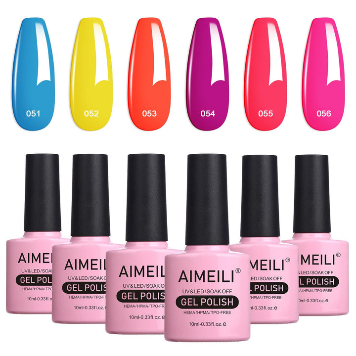 AIMEILI Gel Nail Polish Soak Off Summer Gel Nail Lacquer, Neon Pink Hot Pink Neon Orange Blue Yellow Green Purple Summer Color Gel Set Of 6pcs X 10ml - Kit Set 11