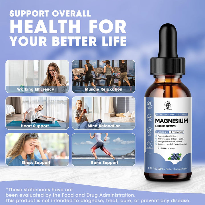 iMATCHME Magnesium Glycinate Liquid, Magnesium Complex Supplement with Omega3, L-Theanine and Vitamin for Calm, Sleep Support, Muscle Relief, Non GMO, Blueberry Flavor, 2 Fl Oz