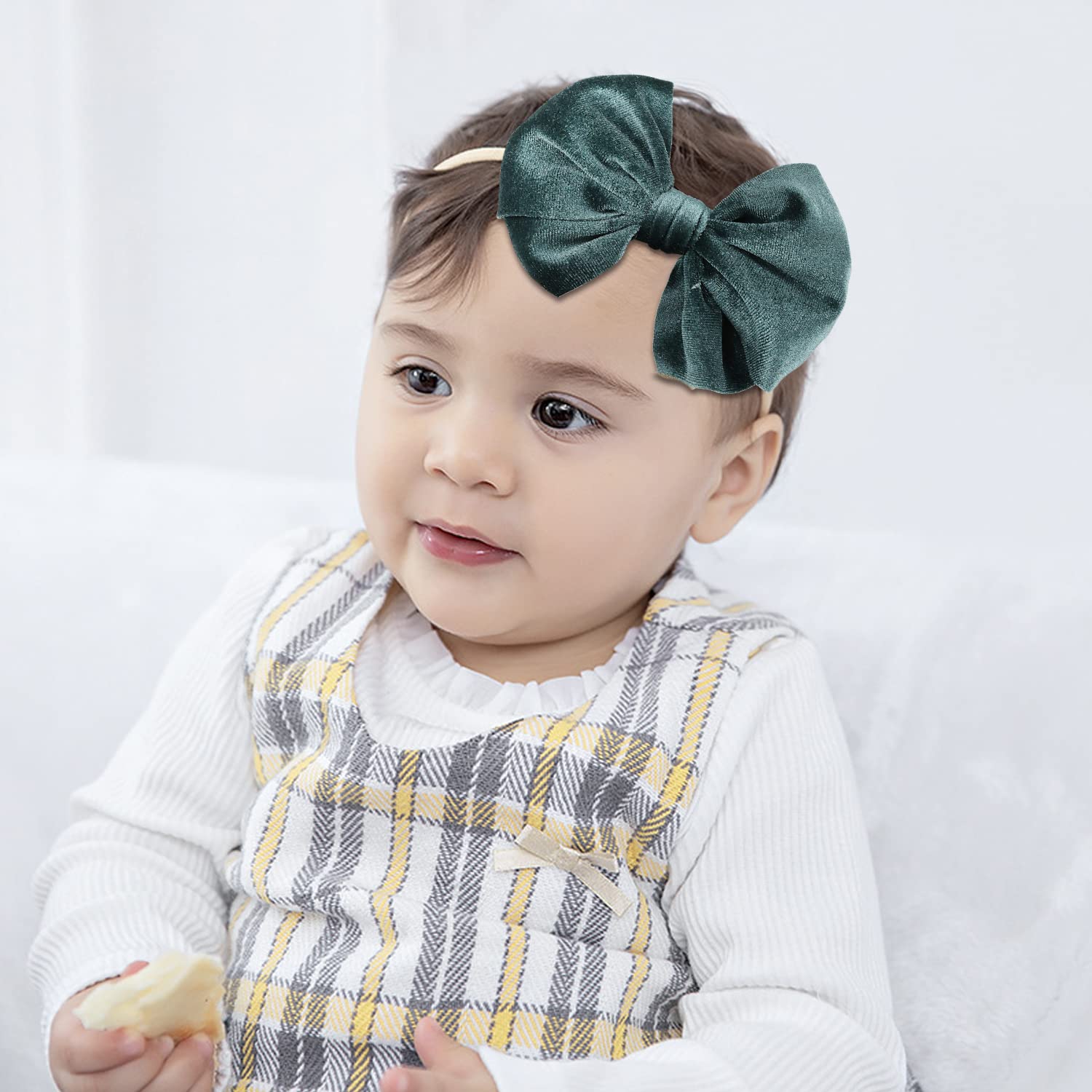 Cinaci 16 Pack Super Stretchy Thin Slim Nylon Headbands with Big Velvet Solid Knot Bow Hair Bands Accessories for Baby Girls Newborns Infants Toddlers Kids