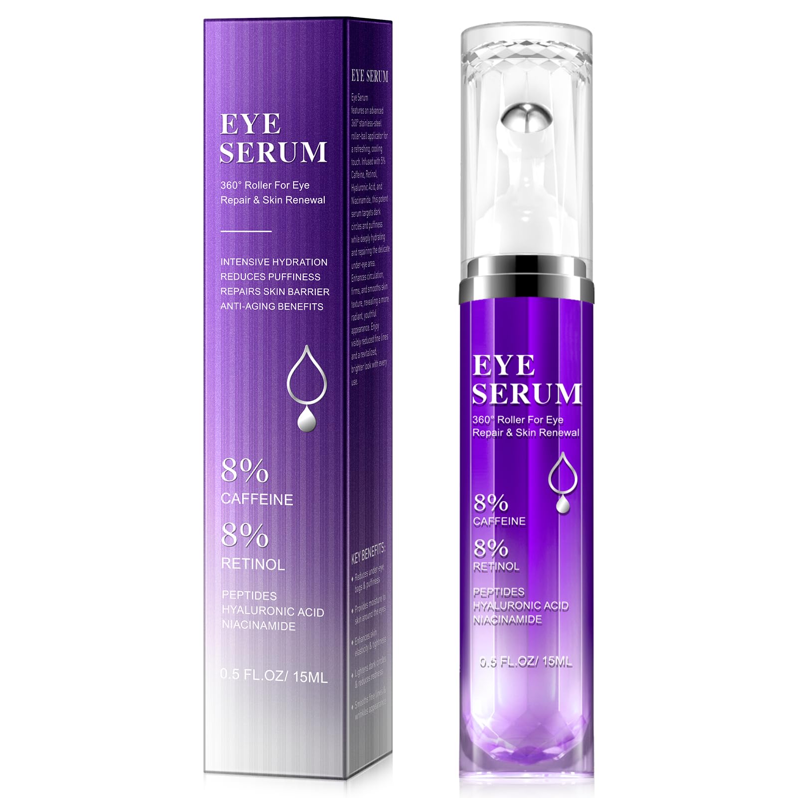 8% Caffeine Eye Cream & Under Eye Serum for Dark Circles and Puffiness Eye Care Eye Roller Serum with 360° Massage Ball Eye Treatment Serum Under Eye Roller Cream for Women Reduce Wrinkles Fine Lines