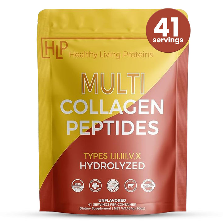 Healthy Living Proteins | Multi Hydrolyzed Collagen Peptides Type I, II, III, V, & X | Grass Fed Bovine, Wild Caught Marine, Free Range Chicken | Gluten Free (Unflavored, 1 Pound (Pack of 1))