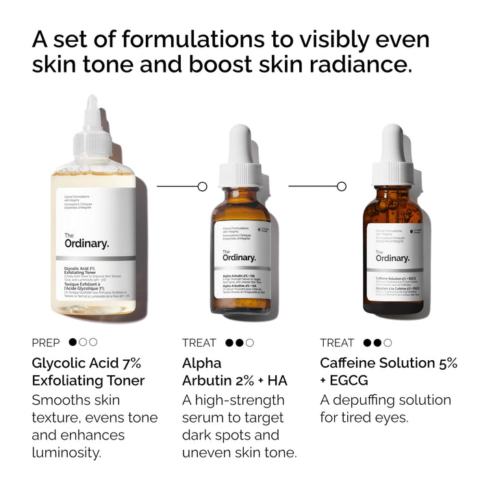 The Ordinary The Bright Set, 3-Step Regimen for Radiant, Even Skin Tone with Glycolic Acid 7% Exfoliating Toner, Alpha Arbutin 2% + HA, and Caffeine Solution 5% + EGCG | Skin Care Set