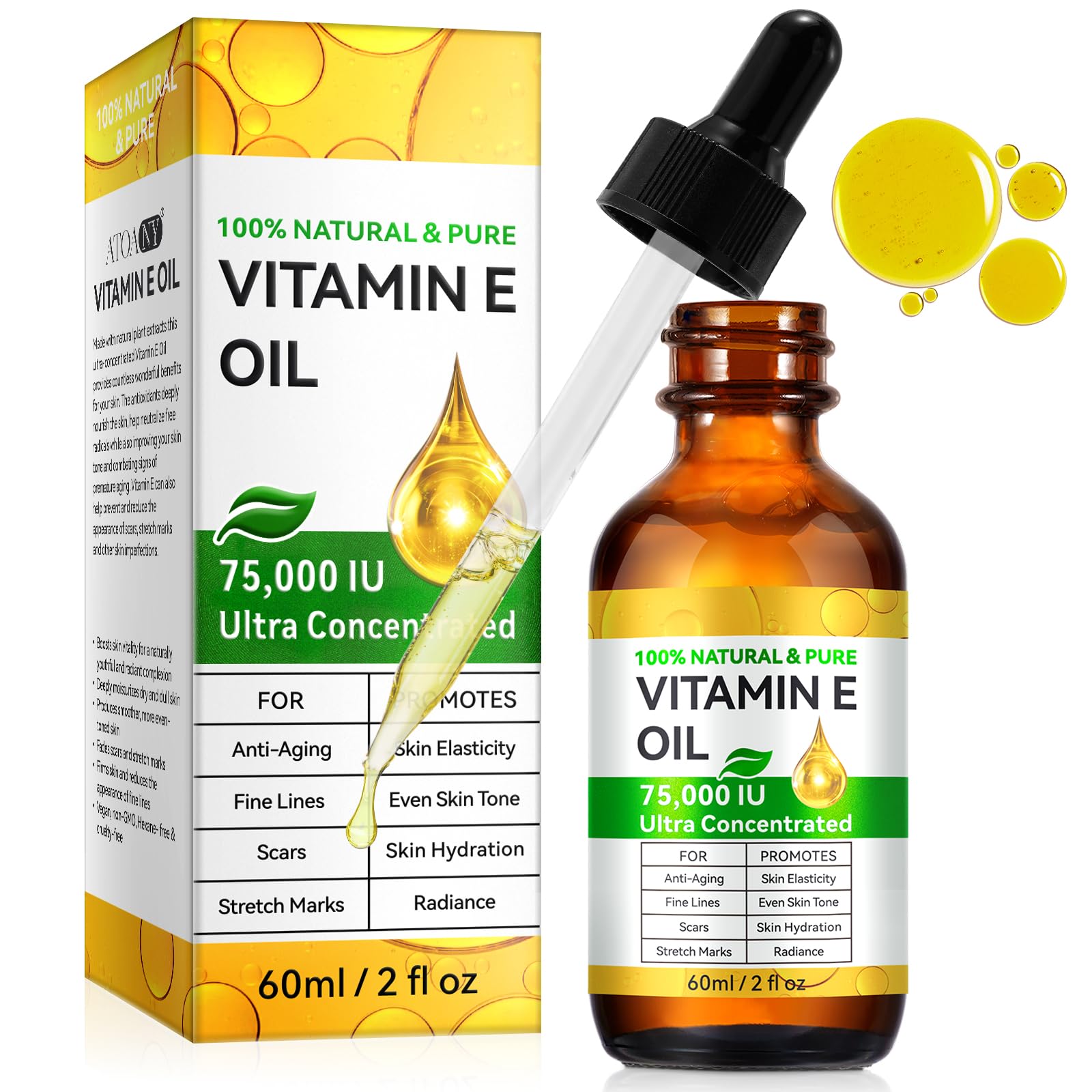 Vitamin E Oil, 75,000 IU, 100% Pure & Natural Vitamin E Oil for Skin, Face, Hair, Nails & Scars, Body Bath Moisturizing Dry Skin and Winkles, Non-GMO & Vegan (2 Fl Oz (Pack of 1))