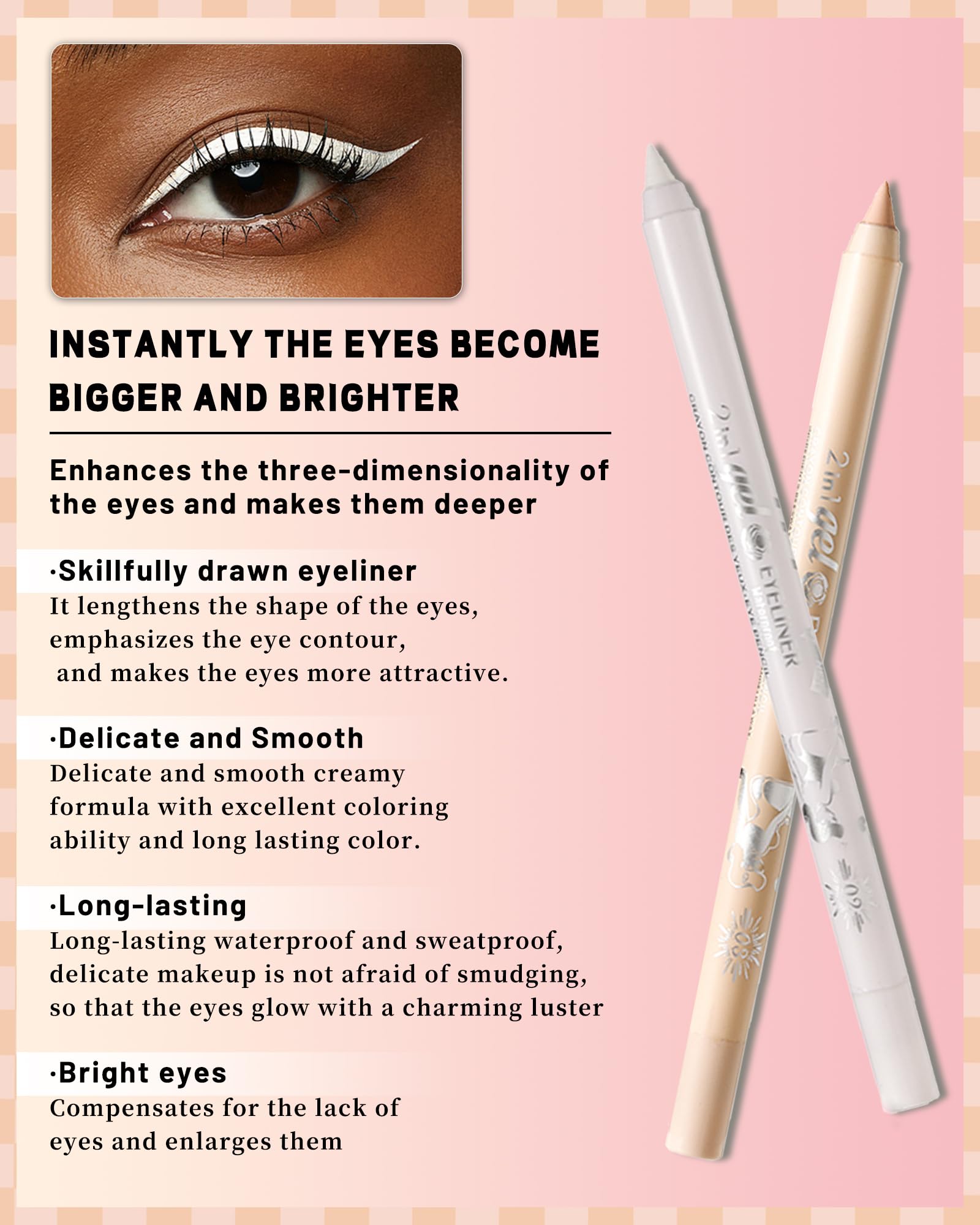 Nude Gel Eyeliner Pencil Set-2Pcs Multi-Use Gel Eye Liner waterline Pen,Long Lasting Waterproof Smudge-proof Water Line Pencil, Professional Eye Makeup Kit for Older Women with Pencil Sharpener-03