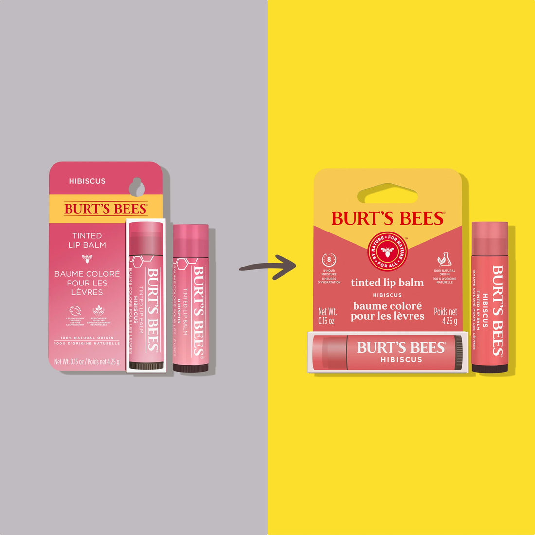 Burt's Bees Lip Tint Balm, Long Lasting 2 in 1 Duo Tinted Balm Formula, Color Infused with Hydrating Shea Butter for a Natural Looking Buildable Finish, Hibiscus, 1 Tube
