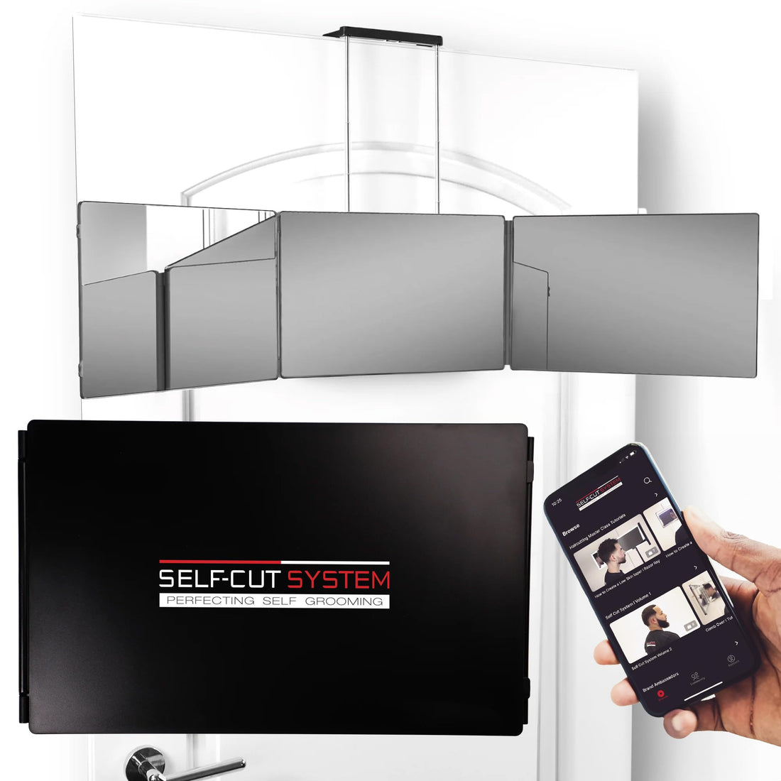 SELF-CUT SYSTEM Travel Version - Three Way Mirror for Self Hair Cutting with Height Adjustable Telescoping Hooks and Free Educational Mobile App