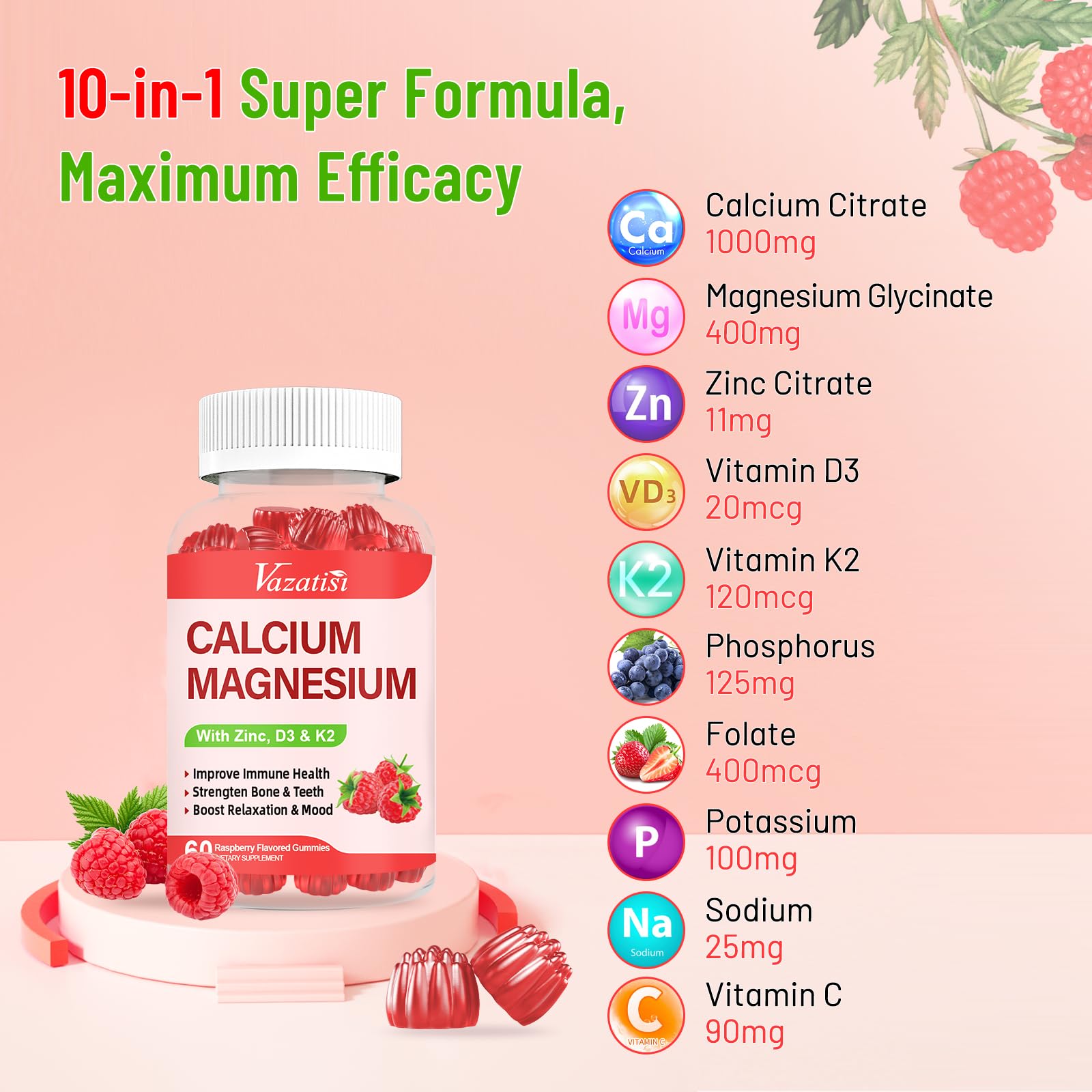 Calcium Magnesium Zinc Gummies with Vitamin D3 & K2, High Absorption Magnesium Glycinate Potassium for Immune and Calm Mood, Raspberry Flavor 120 Gummies
