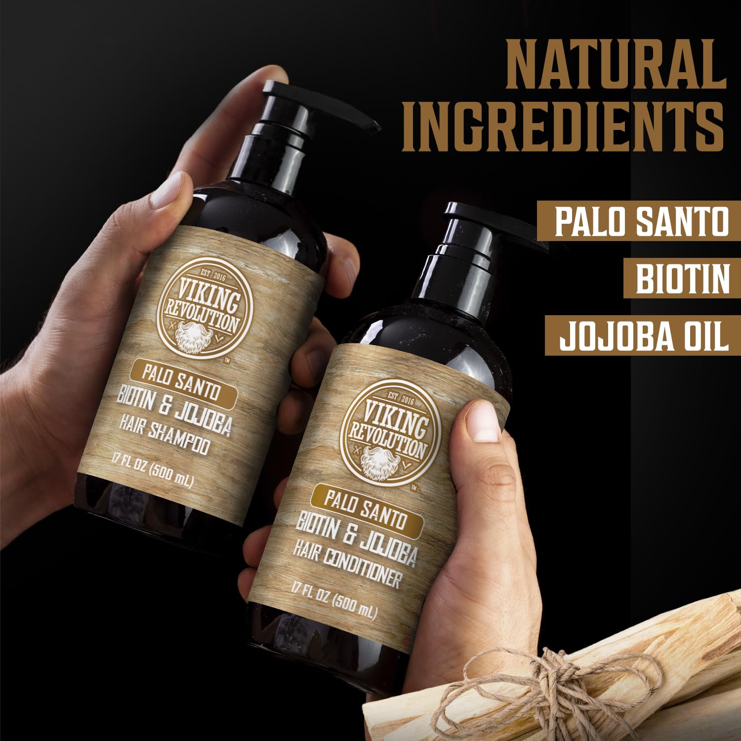 Viking Revolution Palo Santo Mens Shampoo and Conditioner Set with Biotin and Jojoba Oil - Natural Hair Shampoo and Hair Conditioner for Men with Vitamin B5 - Shampoo and Conditioner Set Men (17Oz)