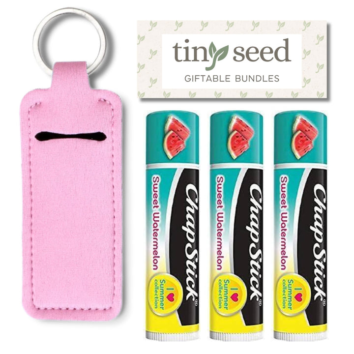 TINY SEED Gift Bundle: Sweet Watermelon Chapstick 3-Pack. Includes Bonus Lip Balm Holder Keychain (Pink). Limited Edition Flavor from the Chapstick I Love Summer Collection