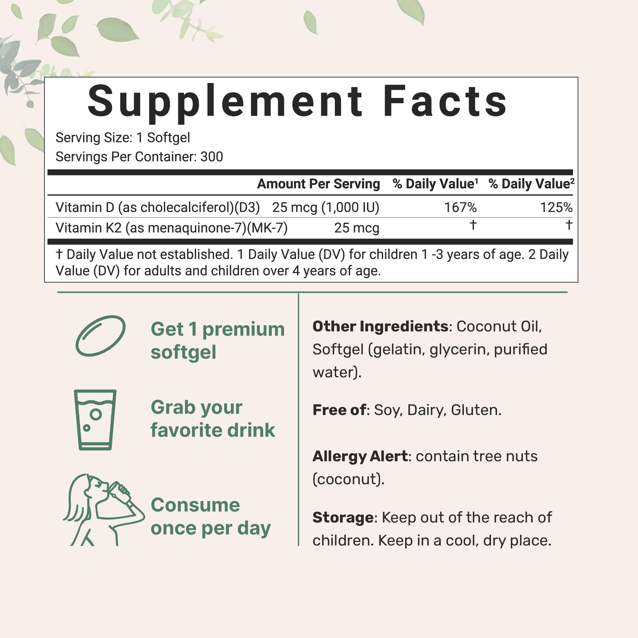 Micro Ingredients Vitamin D3 1,000 iu Plus K2 (MK-7) 25 mcg, 300 Virgin Coconut Oil Softgels | 2 in 1 Vitamins D & K Complex | Ideal Potency for Kids & Pregnant Women – Easy to Swallow