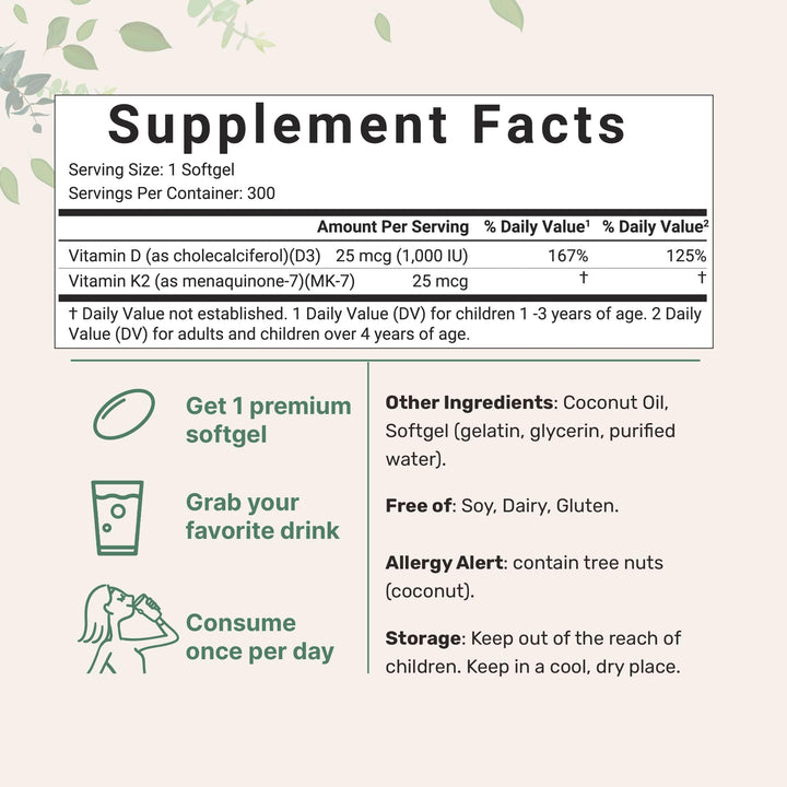 Micro Ingredients Vitamin D3 1,000 iu Plus K2 (MK-7) 25 mcg, 300 Virgin Coconut Oil Softgels | 2 in 1 Vitamins D & K Complex | Ideal Potency for Kids & Pregnant Women – Easy to Swallow