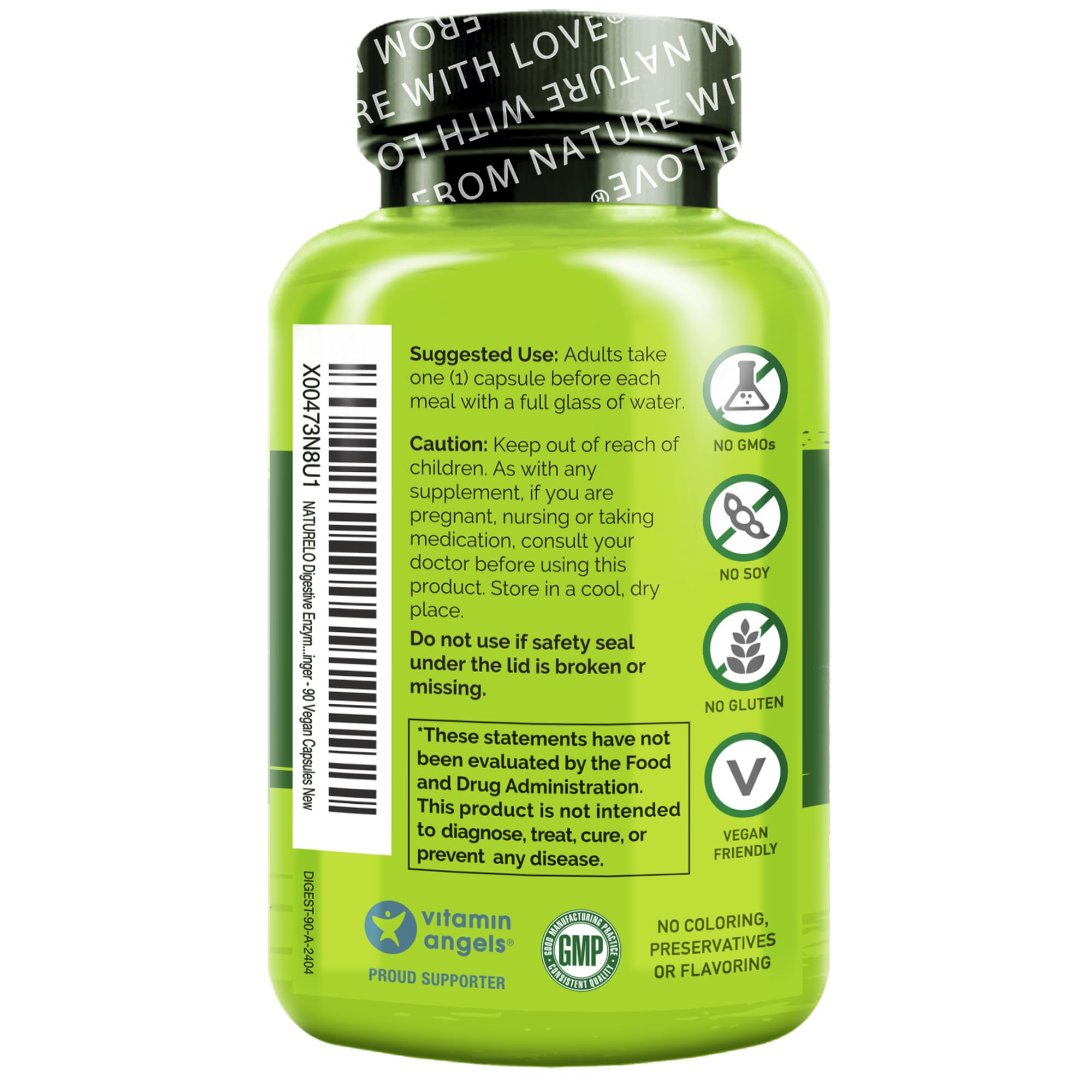 NATURELO Digestive Enzymes - Full Spectrum Support with a Broad Blend of 15 Enzymes Plus Ginger - 180 Vegan Capsules