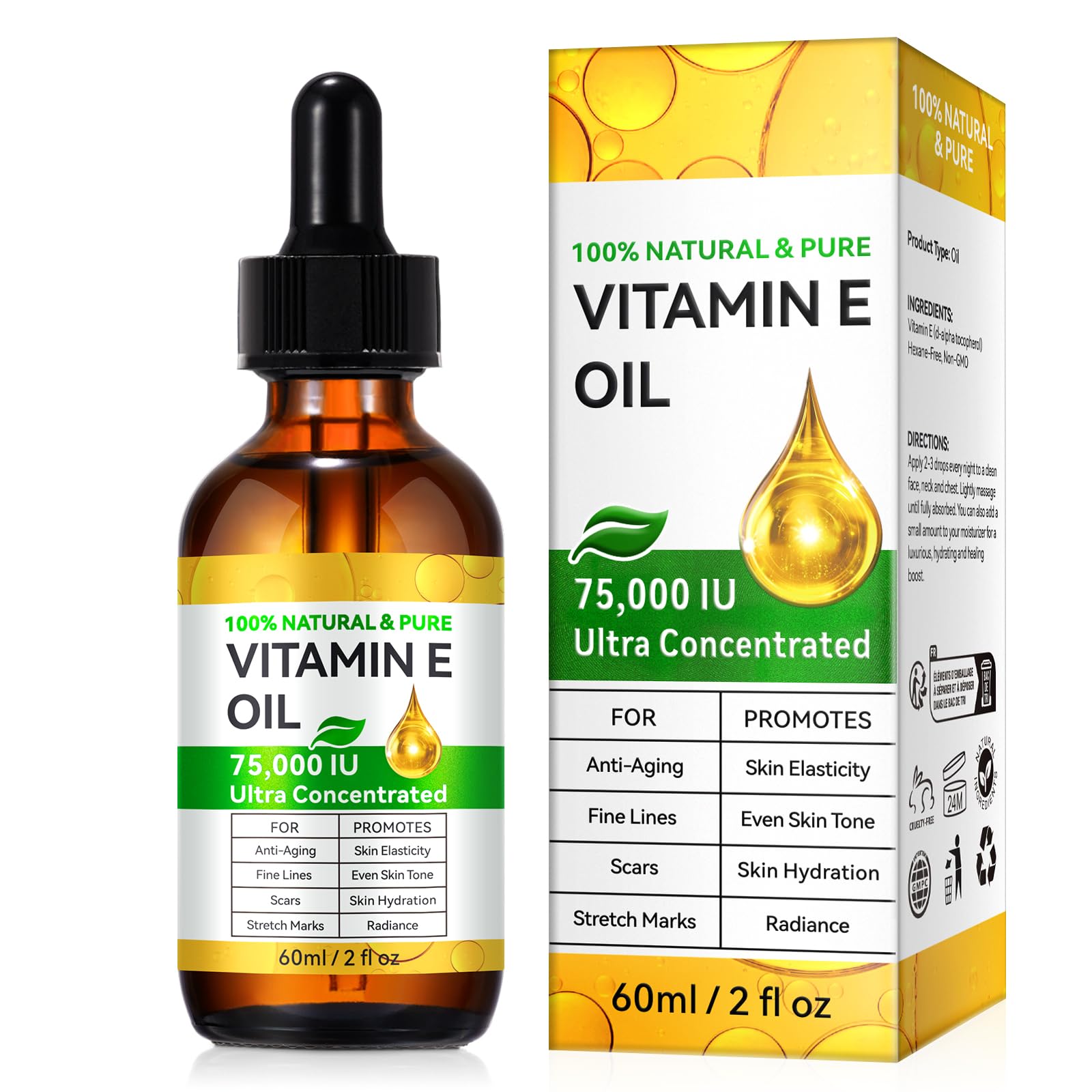 O.SECERT Ultra Pure Vitamin E Oil - Vitamin E Oil Blend 75,000 IU, Natural for Skin, Face, Hair and Scars, Body Oils Moisturizing Dry Skin and Winkles, Non-GMO, Gluten Free, 2Fl Oz