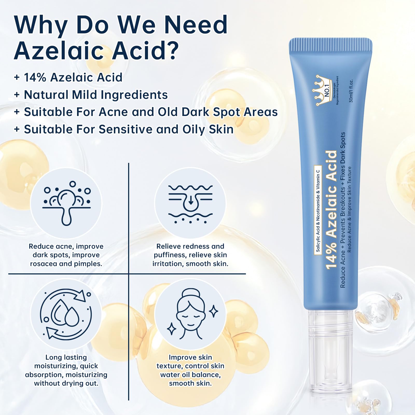 Azelaic Acid 14 Percent Cream For Face, Azelaic Acid Gel For Dark Spot, 30ML Azelaic Acid Acne Cream With Salicylic Acid, Niacinamide & Vitamin C, Relieve Irritation.