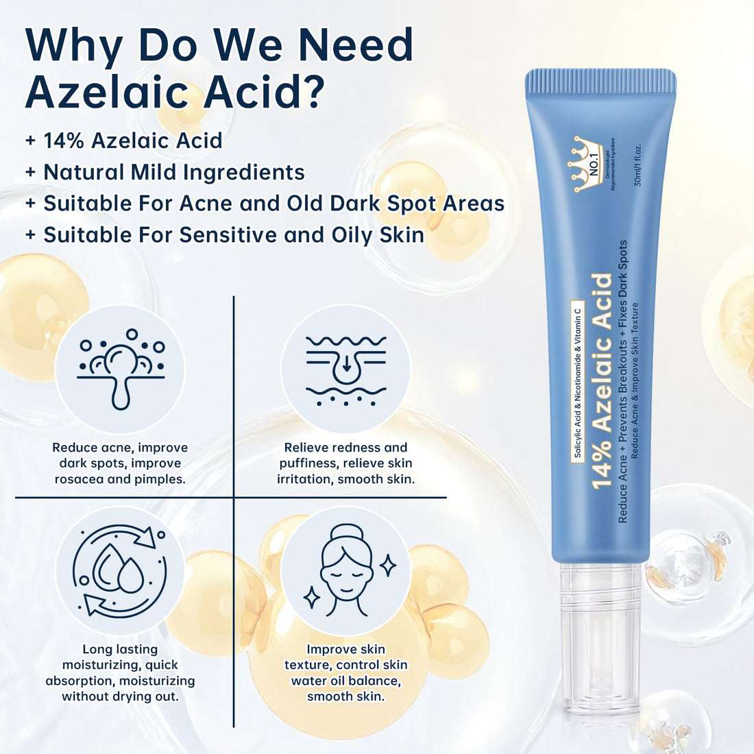 Azelaic Acid 14 Percent Cream For Face, Azelaic Acid Gel For Dark Spot, 30ML Azelaic Acid Acne Cream With Salicylic Acid, Niacinamide & Vitamin C, Relieve Irritation.