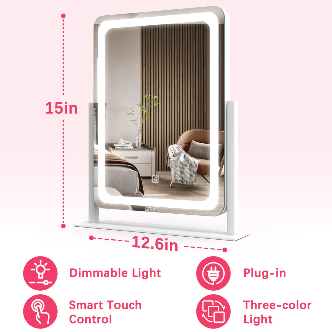 ROLOVE Vanity Mirror with Lights, 12.6×15 LED Makeup Mirror, Lighted Makeup Mirror with Lights, Smart Touch Control Dimmable 3 Modes Light, Lighted Up Mirror for Makeup Desk, Bedroom, Dressing Room