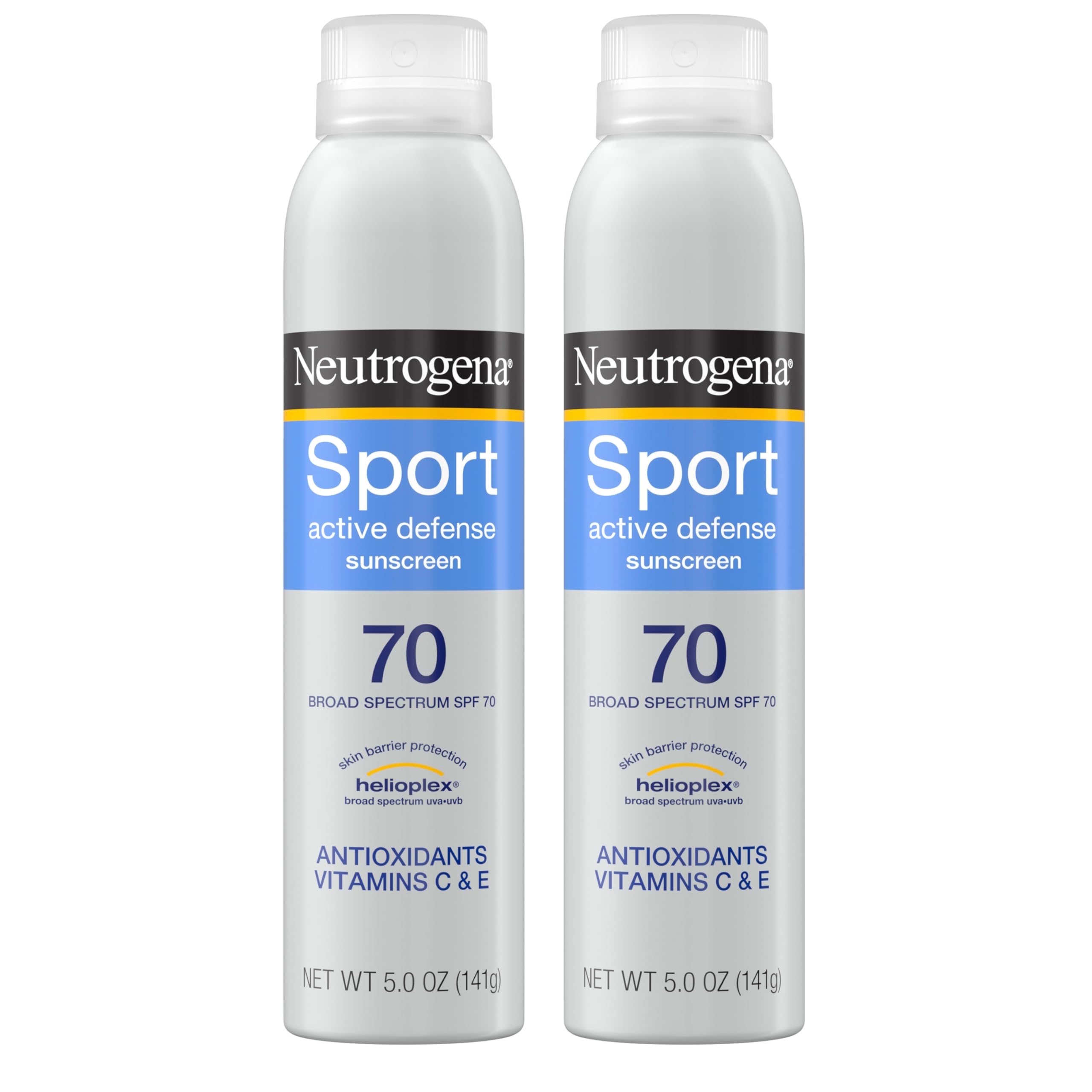 Neutrogena Sport Active Defense SPF 70 Sunscreen Spray, Sweat & Water Resistant Spray Sunscreen with Broad Spectrum Protection for Sunburn Prevention, Oxybenzone-Free, Twin Pack, 5 oz, 2 Pack