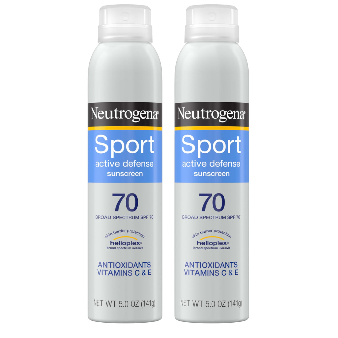 Neutrogena Sport Active Defense SPF 70 Sunscreen Spray, Sweat & Water Resistant Spray Sunscreen with Broad Spectrum Protection for Sunburn Prevention, Oxybenzone-Free, Twin Pack, 5 oz, 2 Pack