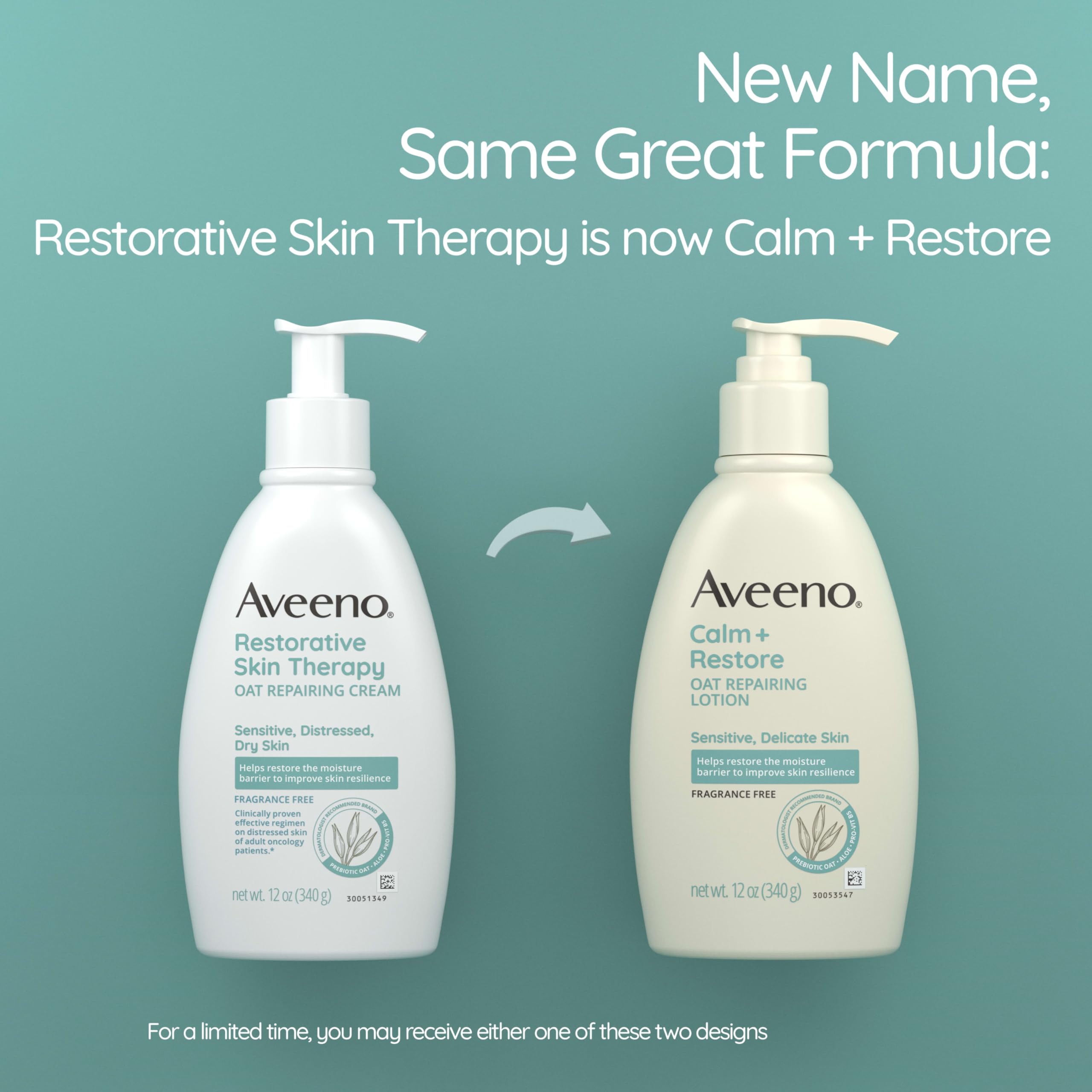 Aveeno Calm + Restore Oat Repairing Body Lotion for Sensitive Skin, Daily Moisturizer with Prebiotic Oat, Aloe & Pro-Vitamin B5 Helps Restore Skin's Moisture Barrier, Fragrance Free, 12 oz