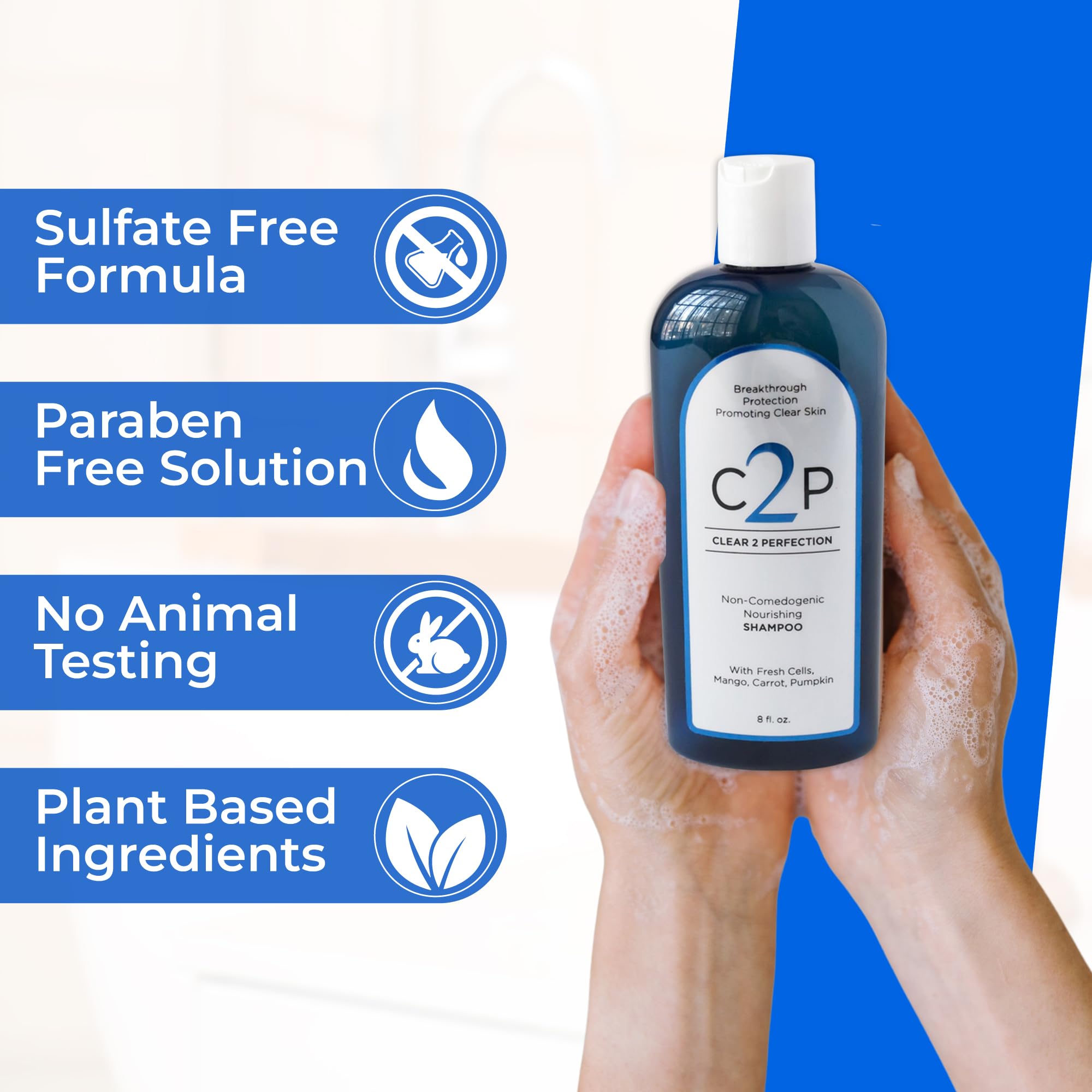 Non-Comedogenic Clear 2 Perfection Shampoo - Sulfate & Paraben-Free for Clear, Healthy Skin & Hair - Esthetician Formulated