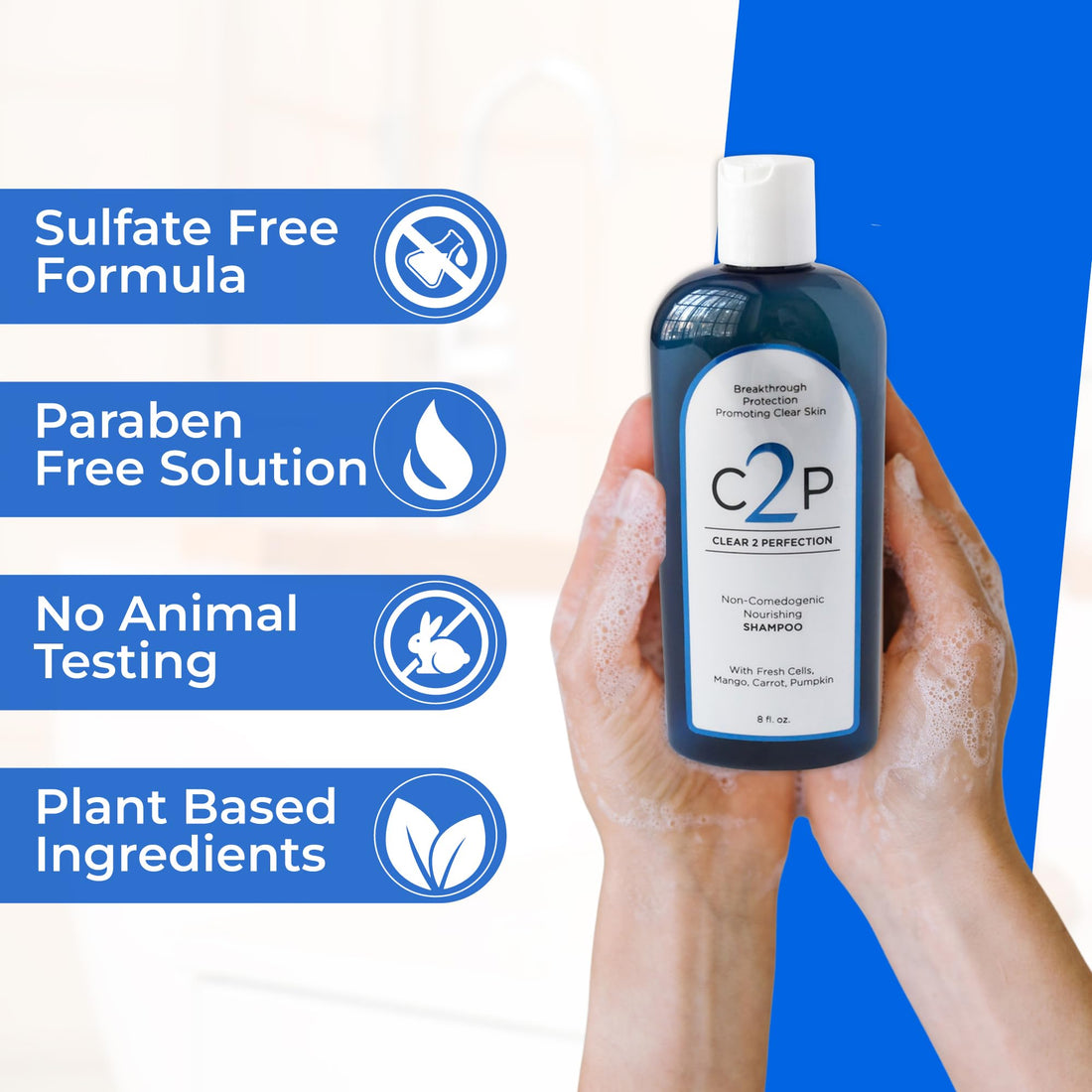 Non-Comedogenic Clear 2 Perfection Shampoo - Sulfate & Paraben-Free for Clear, Healthy Skin & Hair - Esthetician Formulated