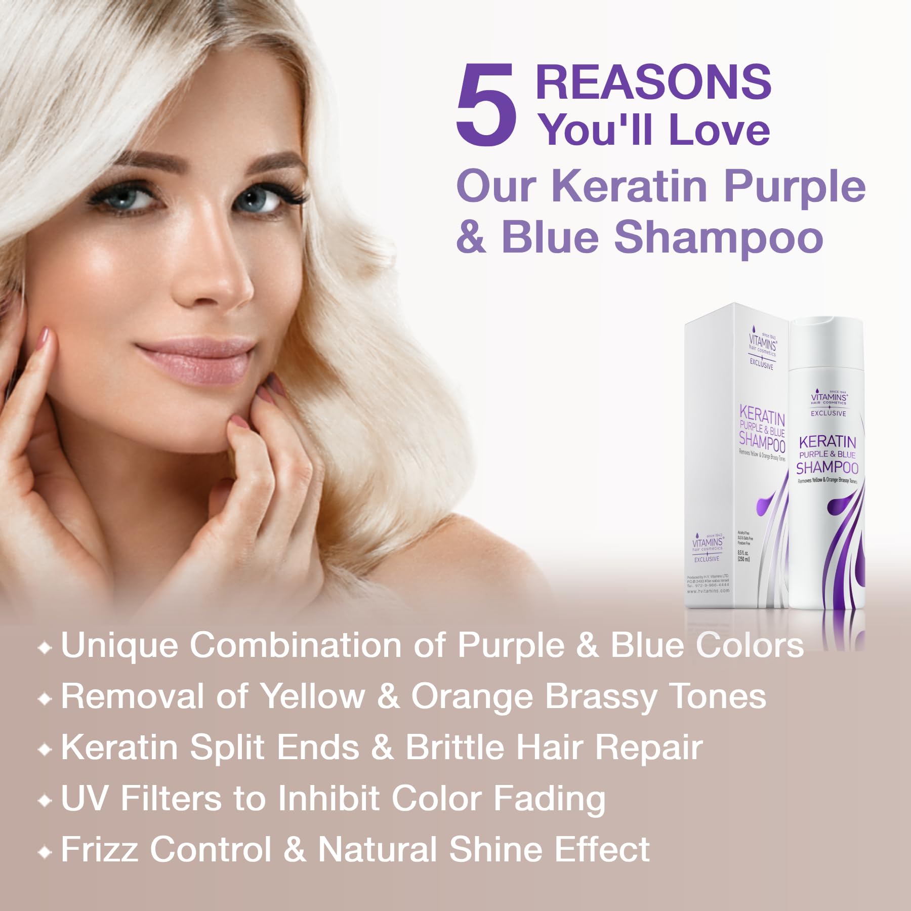 VITAMINS hair cosmetics Keratin Purple Toning Shampoo - Violet Blue Brassiness Toner for Bleached Icy Blonde Platinum Silver White Grey Ash Gray or Colored Dry Damaged Brassy Hair