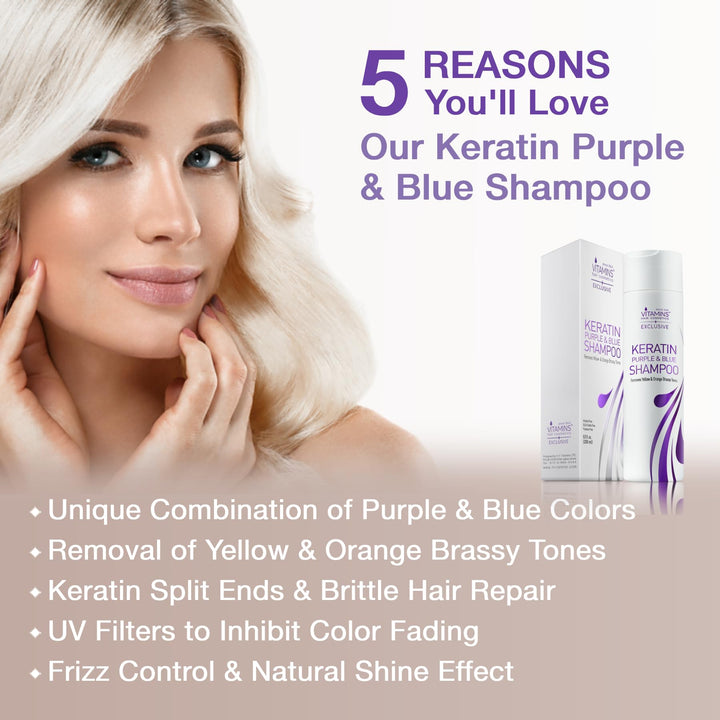 VITAMINS hair cosmetics Keratin Purple Toning Shampoo - Violet Blue Brassiness Toner for Bleached Icy Blonde Platinum Silver White Grey Ash Gray or Colored Dry Damaged Brassy Hair