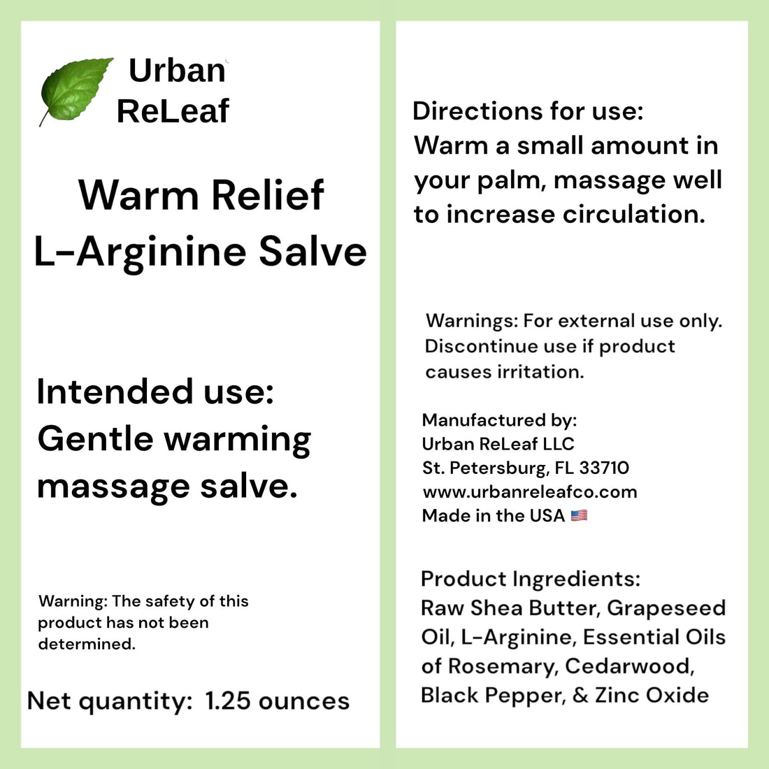 Urban ReLeaf Warm Relief L-Arginine Salve ! Shea Butter & Botanicals, 100% Natural. Gentle Circulation Warming Massage Cream.
