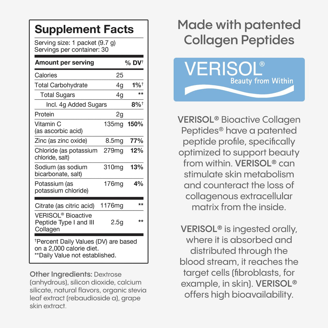 Hydralyte Verisol Collagen Packets with Electrolytes, Hydration Packets with Collagen for Women and Men, Electrolytes Powder with Collagen for Travel and Daily Hydration with Vitamin C (30 Count)
