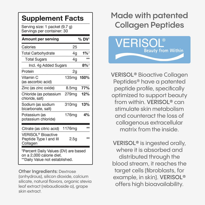 Hydralyte Verisol Collagen Packets with Electrolytes, Hydration Packets with Collagen for Women and Men, Electrolytes Powder with Collagen for Travel and Daily Hydration with Vitamin C (30 Count)