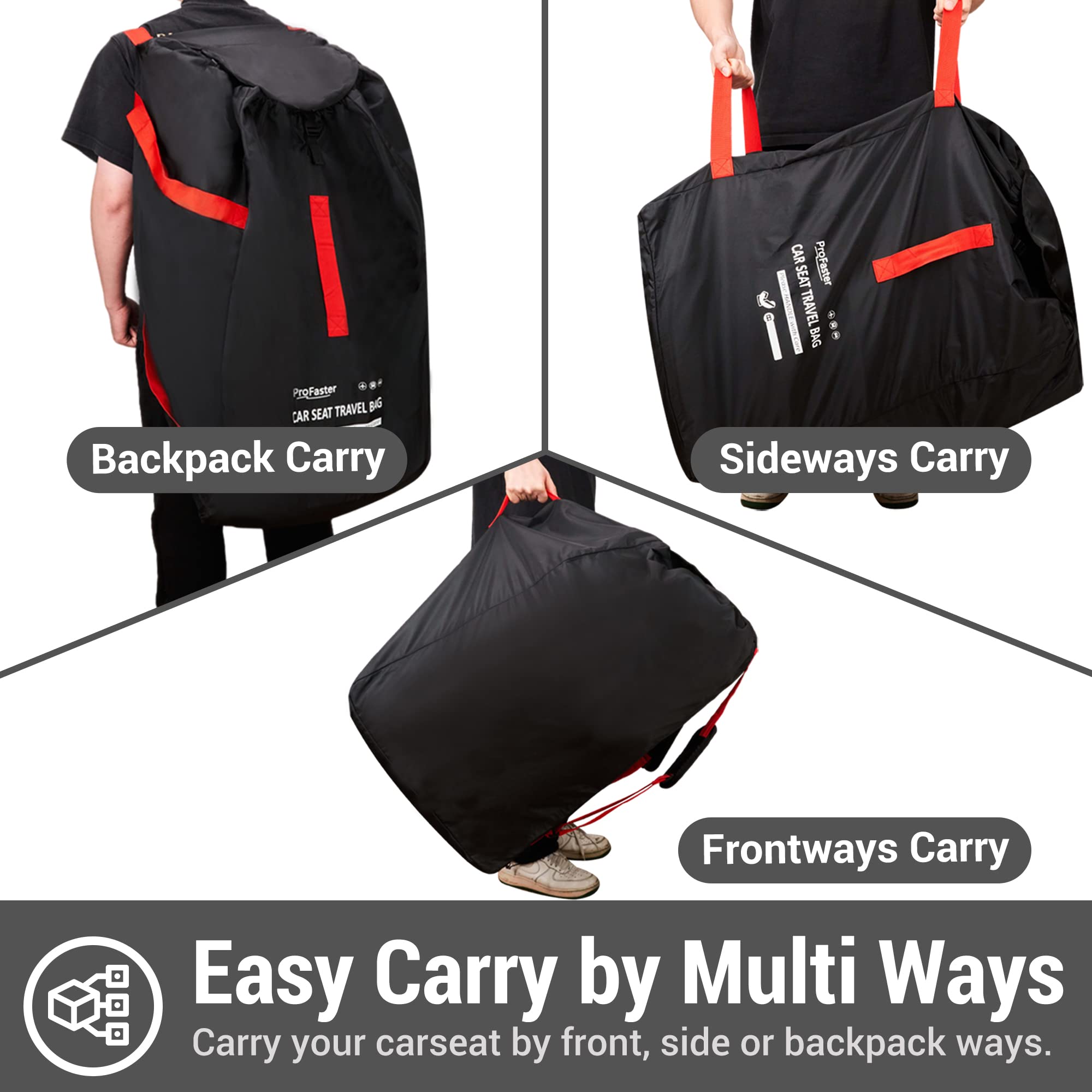 ProFaster Car Seat Travel Bag Backpack for Air Travel - Karfast Universal Infant Carseat Gate Check Bag Cover for Airplane, Foldable with Pouch, Black