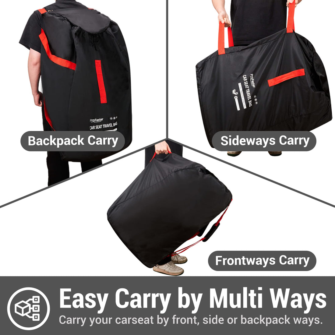 ProFaster Car Seat Travel Bag Backpack for Air Travel - Karfast Universal Infant Carseat Gate Check Bag Cover for Airplane, Foldable with Pouch, Black