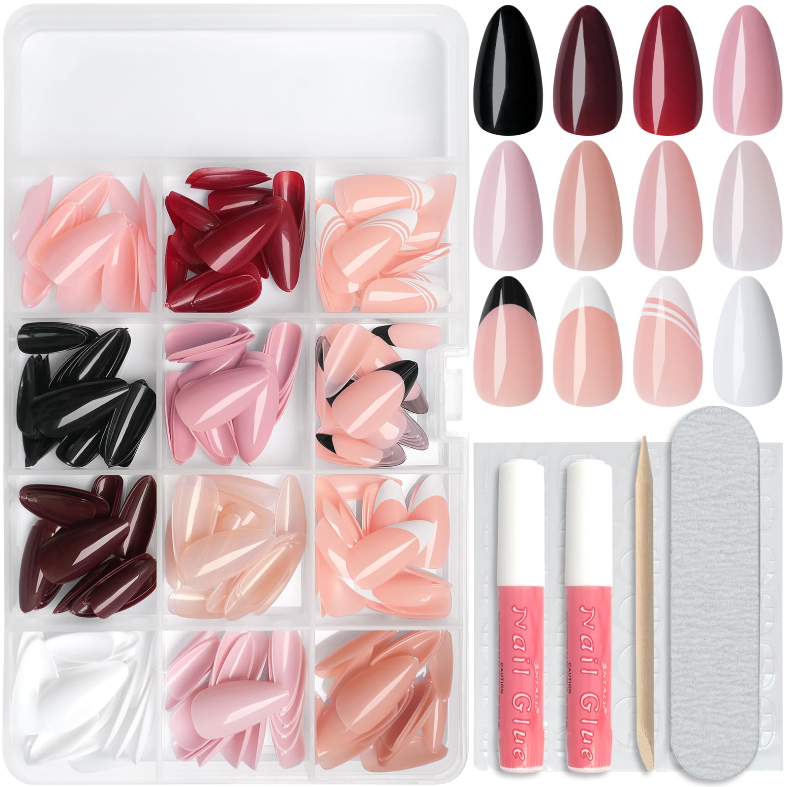 Lifextol 288pc Almond Press on Nails Medium Acrylic Nails Press on Nails French Tip Short Fake Nails with Glue and Adhesive Tabs, Glue on Nails Pack False Stick on Nails Artificial Fingernails