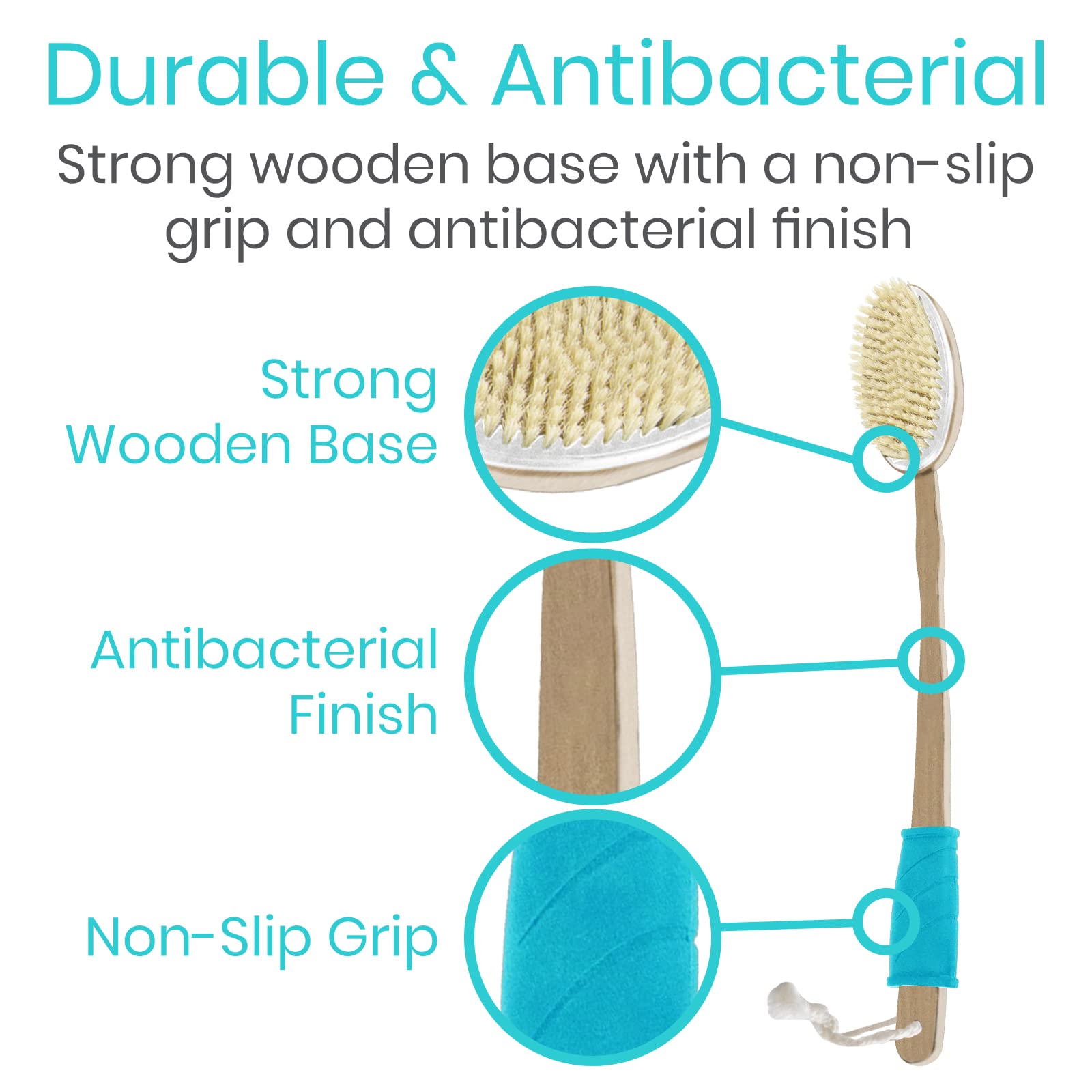 Vive Shower Brush - Dry Skin Body Exfoliator - Shower and Bath Scrubber For Wash Brushing, Exfoliating, Cellulite, Foot Scrub, Leg Exfoliant w/Soft and Stiff Massage Bristles - Wooden Long Handle