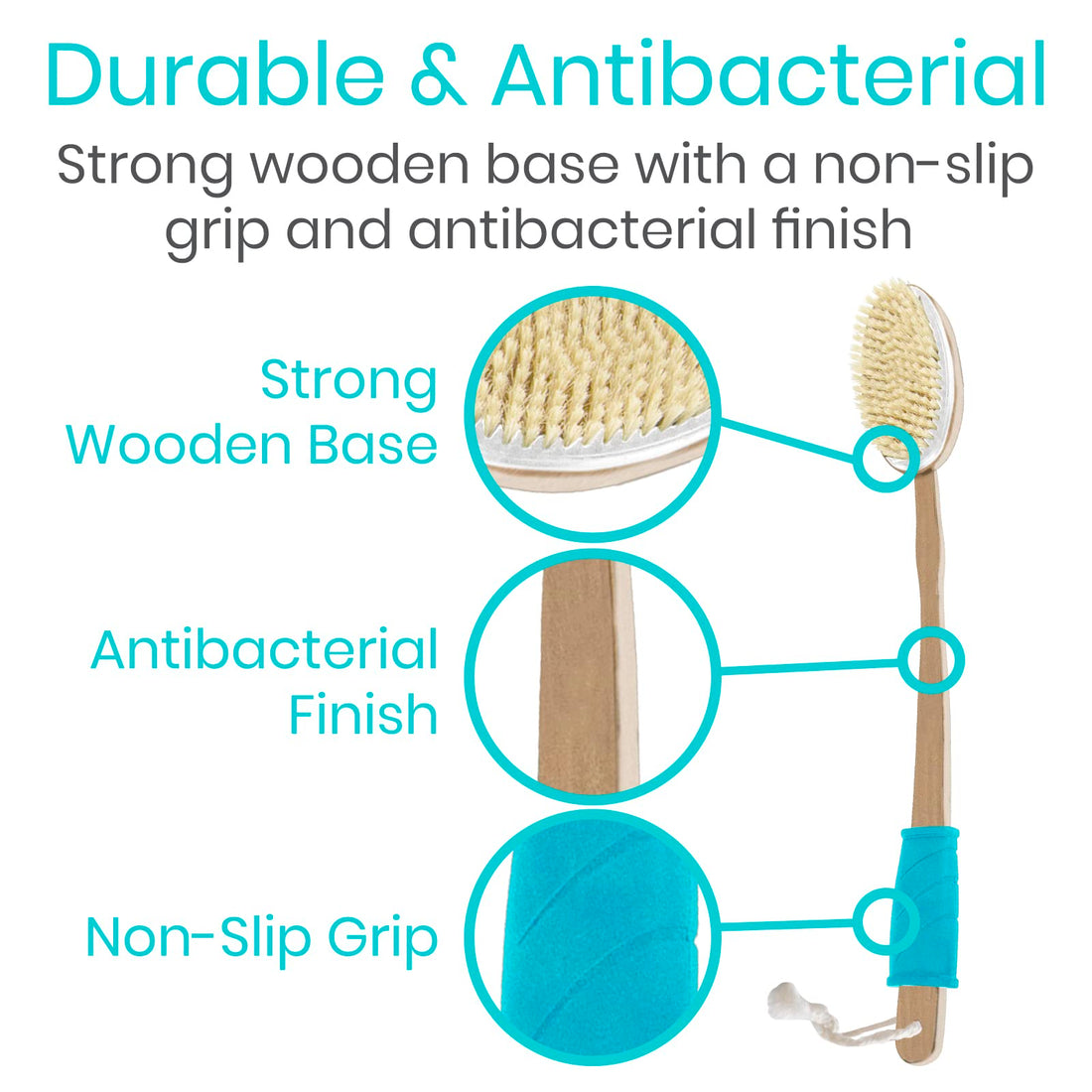 Vive Shower Brush - Dry Skin Body Exfoliator - Shower and Bath Scrubber For Wash Brushing, Exfoliating, Cellulite, Foot Scrub, Leg Exfoliant w/Soft and Stiff Massage Bristles - Wooden Long Handle