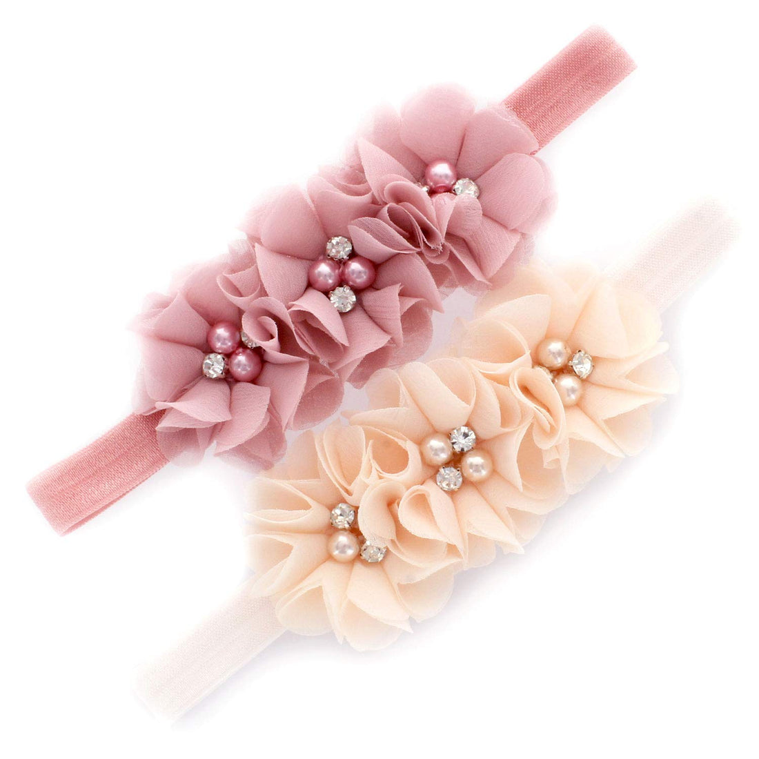 My Lello Baby Flower Headbands Fabric Beaded Trio Stretchy Elastic Pair (Dusty Rose/Vanilla Cream)