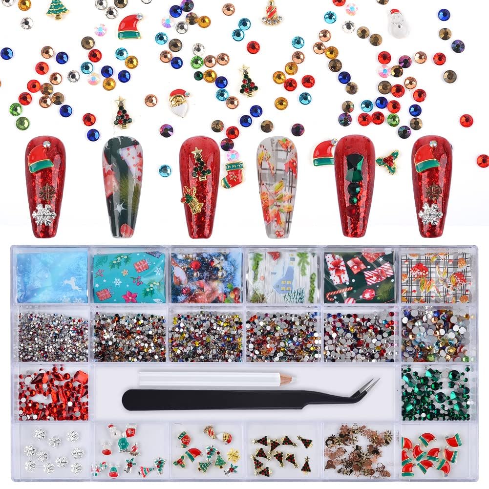 MELINDS Nail Art 3D Mixed Crystal Rhinestone Micro Gems DIY Metal Alloy Christmas Decoration Nail Art Foil Stickers Decal Glitter Kit for Nail Charms Props with Rhinestones Picker