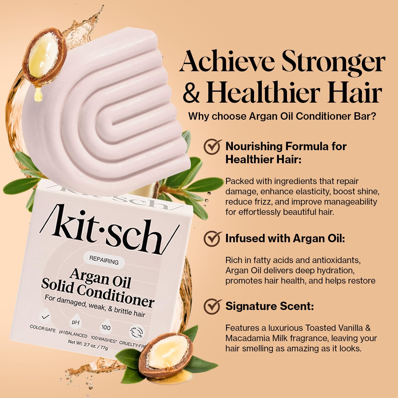 Kitsch Repairing Argan Oil Solid Conditioner Bar for Hair Care – Vegan, All Natural, Made in USA, Paraben-Free, Sulfate-Free, for Damaged, Weak, and Brittle Hair, 2.7 oz