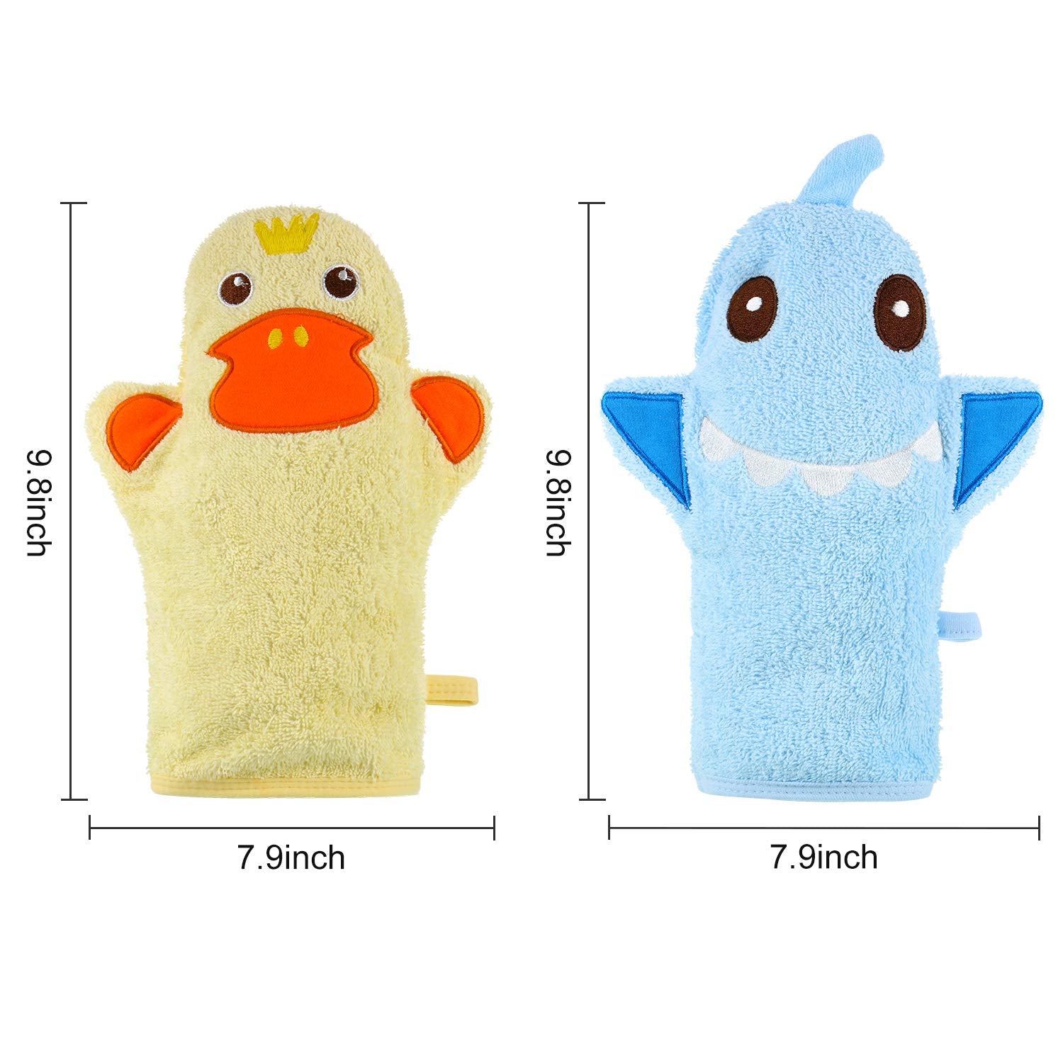 2 Pieces Baby Bath Mitt Washcloths with Cute Animal Designs Yellow Duck Shark Towel Gentle Soft Scrub for Toddler Bath and Shower