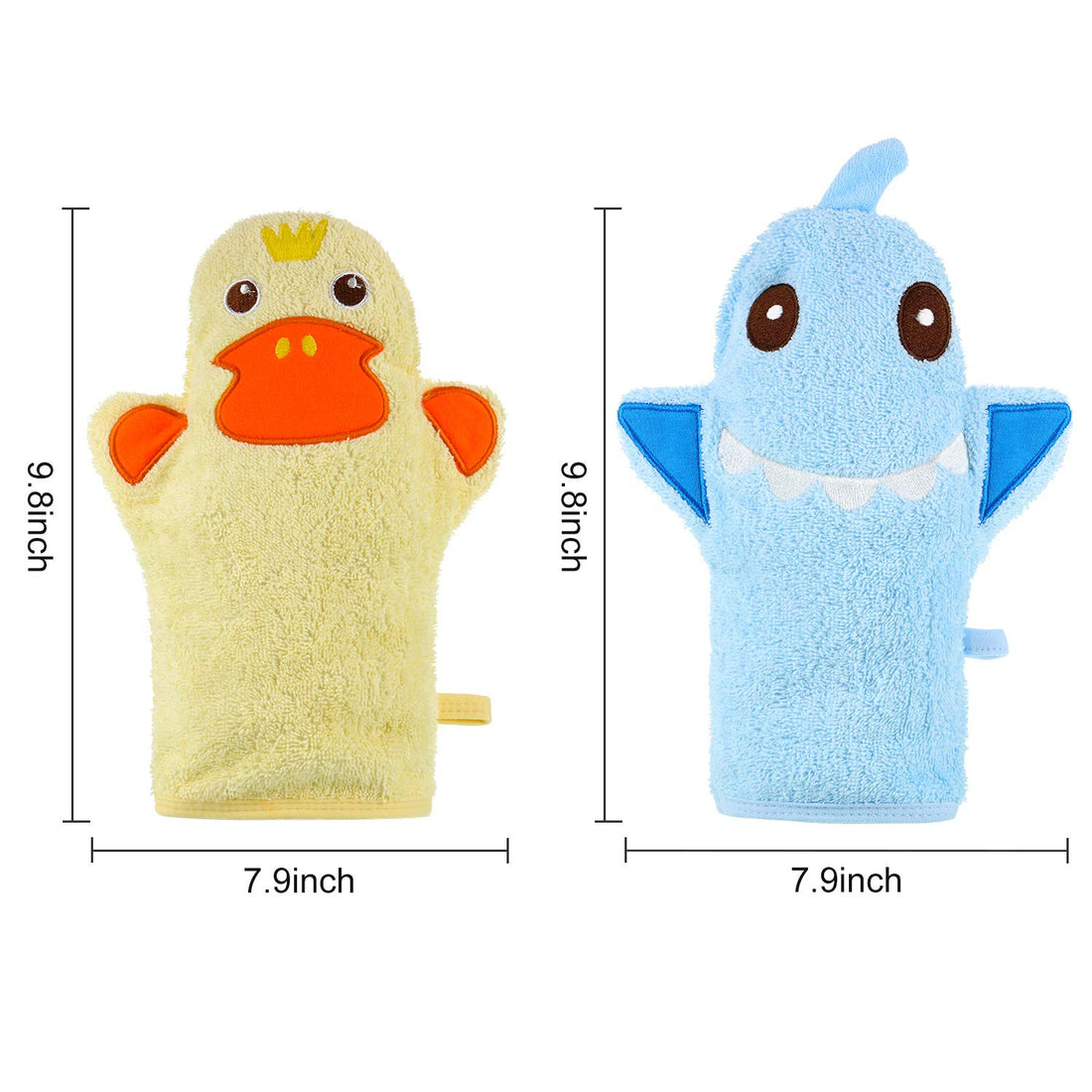 2 Pieces Baby Bath Mitt Washcloths with Cute Animal Designs Yellow Duck Shark Towel Gentle Soft Scrub for Toddler Bath and Shower