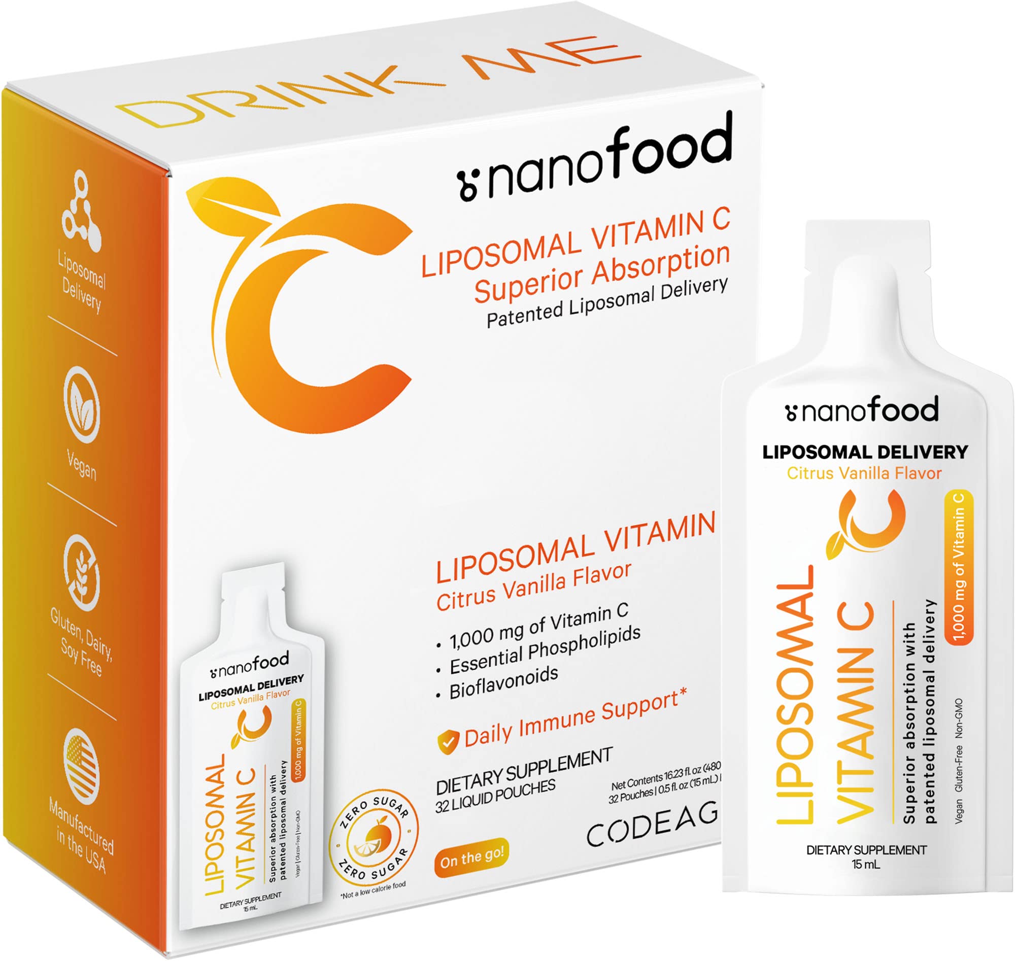 Codeage Liposomal Vitamin C Liquid 1000mg Vitamin C, 4000mg Essential Phospholipids, Supplement For Daily Immune Support, Liposomes For Absorption, Citrus Bioflavonoids, Vitamin E, Non-GMO, 32 Pouches