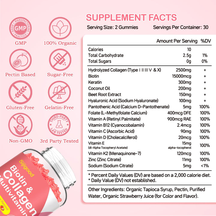 2 Pack Collagen Gummies for Women Men, Women Over 50, Collagen Peptides Protein Type I,II,III,V,X with Biotin Keratin Vitamin C A B6 B12 D E for Skin Hair Nails Immunity Energy Digestion 120 Gummie