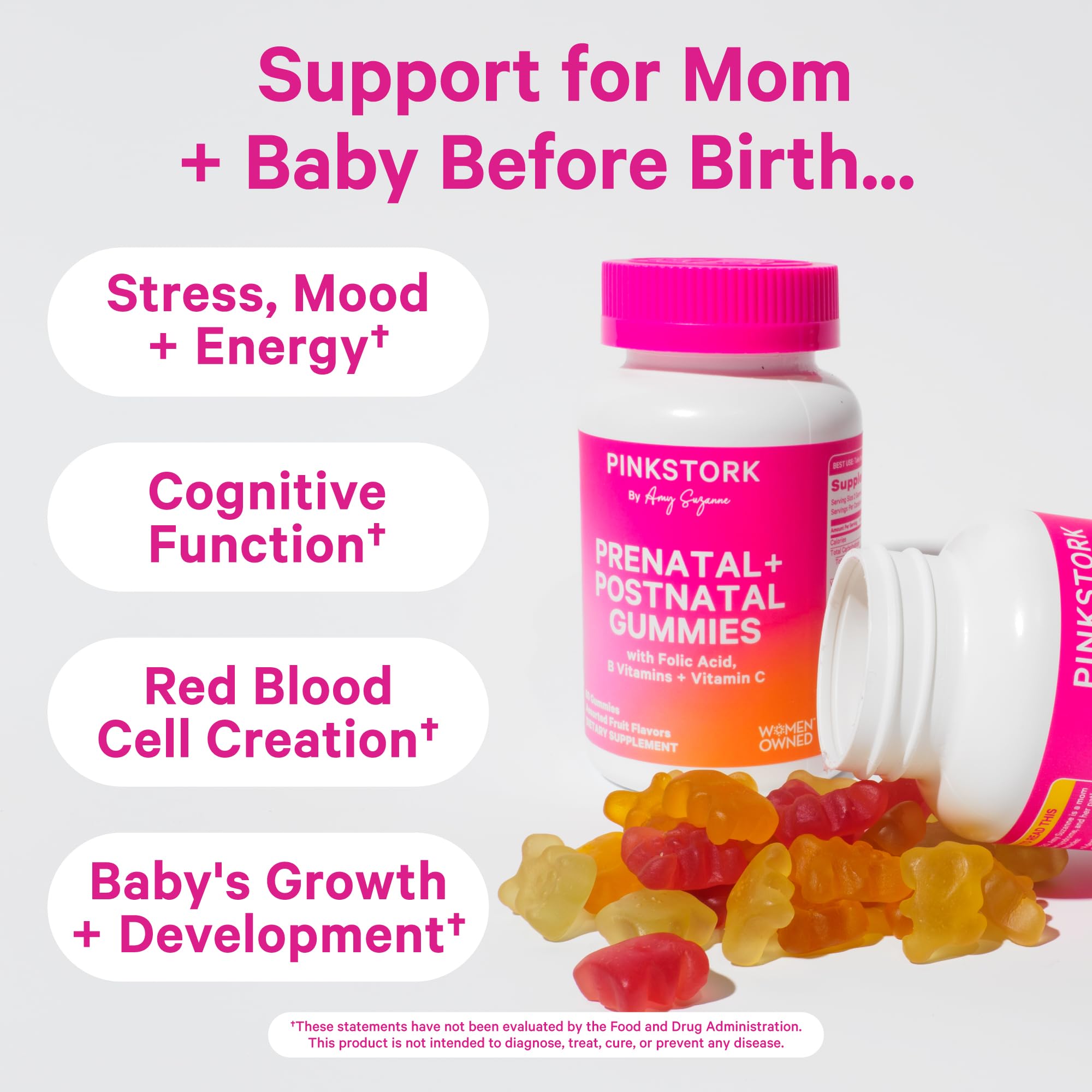 Pink Stork Prenatal + Postnatal Gummy Vitamins for Women - Multivitamin for Pregnancy + Postpartum Recovery - 60 Gummies