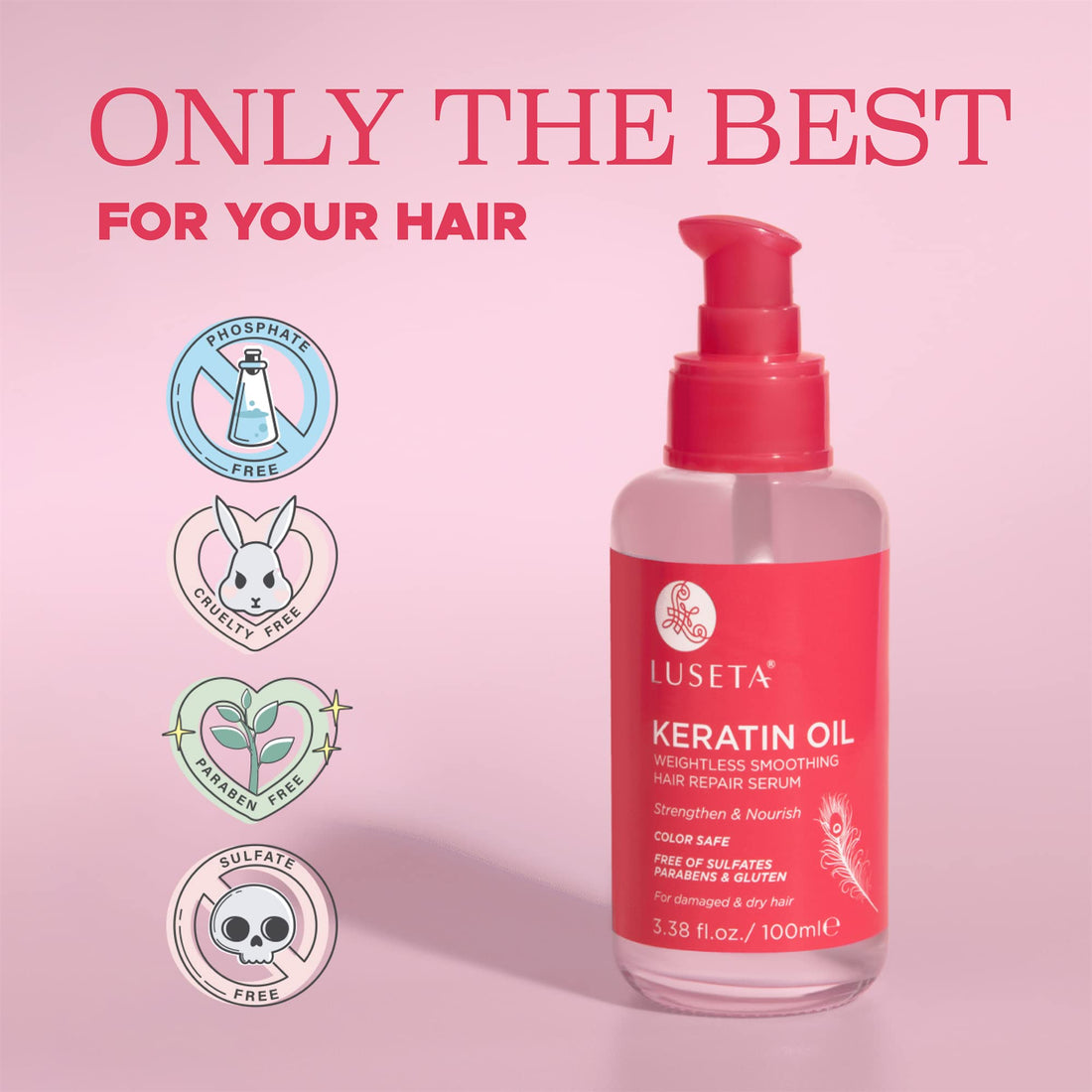 Luseta Keratin Hair Oil Serum for Color Treated Damaged & Dry Hair Strengthening & Nourishing, Keratin Hair Treatment Oil, Free of Sulfates, Paraben and Gluten 3.38 oz
