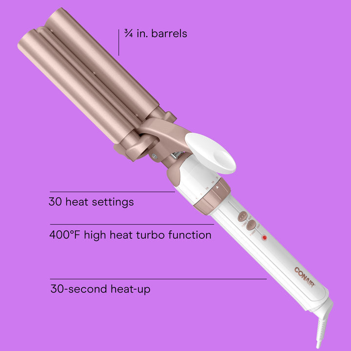 Conair Double Ceramic 3 Barrel Curling Iron, Hair Waver, Create Beachy Waves, Long-Lasting Natural Tight Waves for all Hair Lengths, White / Rose Gold