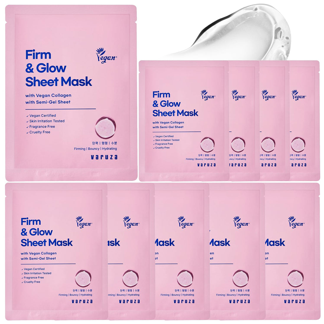 varuza Firm & Glow Sheet Mask with Vegan Collagen Semi-Gel Sheet Biodegradable 100% Cellulose Semi-Gel Sheet for Anti-Aging Hydration Elasticity Peptide Complex-9 Niacinamide 10 Count