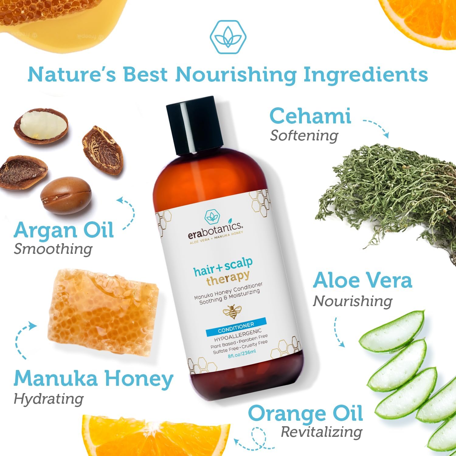 Era Organics Manuka Honey Dry Scalp Conditioner - Sulfate Free, Soothing and Moisturizing for Damaged Hair - Argan Oil for Women or Men