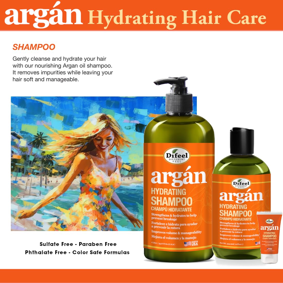Difeel Argan Hydrating Shampoo 33.8 oz. - Argan Oil Shampoo, Natural Sulfate Free Shampoo for Hair