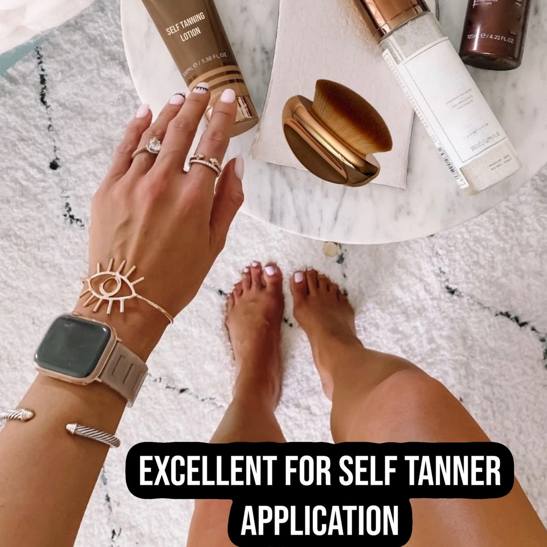 Foundation Brush Palm Makeup SOFT Kabuki Dome Shaped Face Body Shimmer Oil SPF Blush Bronzer Highlighter Blending Self-Tanner Buffing Liquid Powder Cream Streak-Free Cosmetic Application -Rose Gold